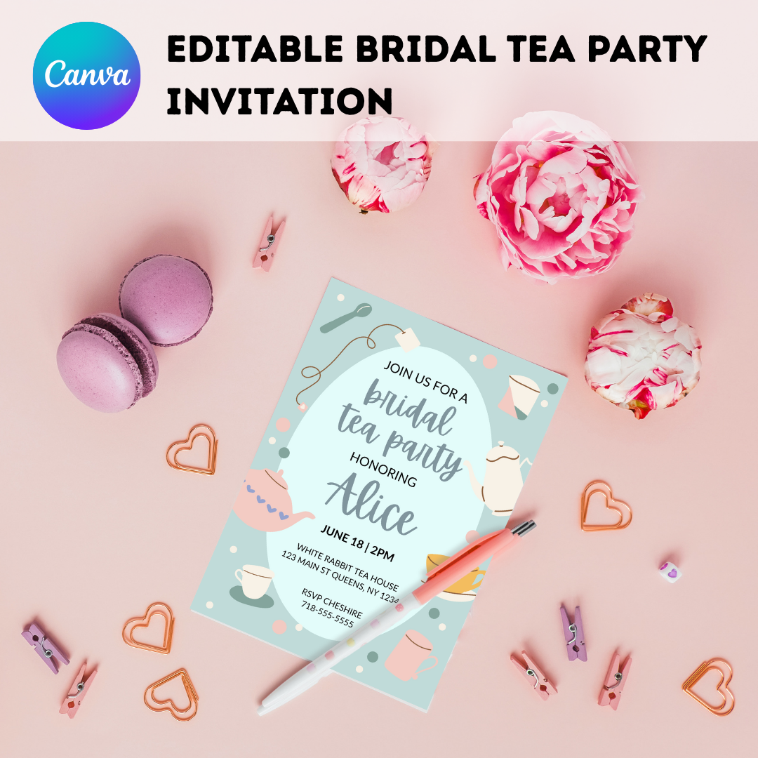 Tea Party Bridal Shower Invitation Template – Editable in Canva | Instant Download