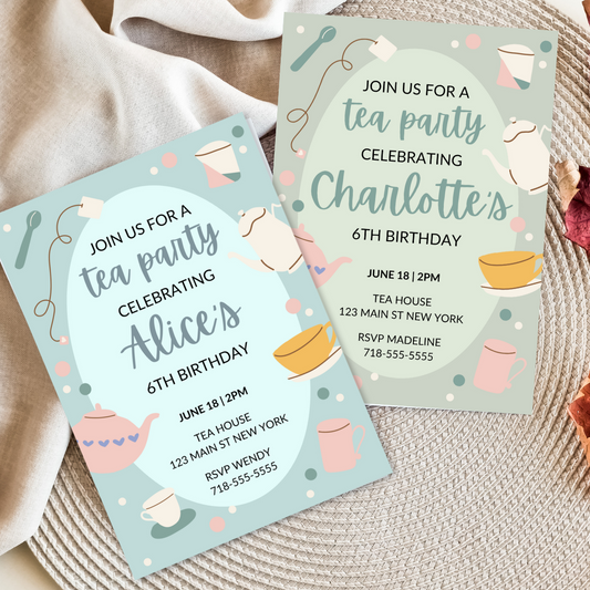Tea Party Birthday Invitation Template – Editable in Canva | Instant Download