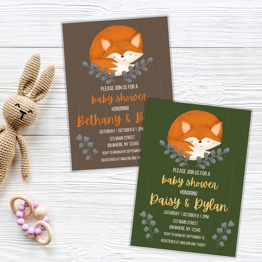 Fox-Themed Baby Shower Invitation Template  – Editable in Canva | Instant Download