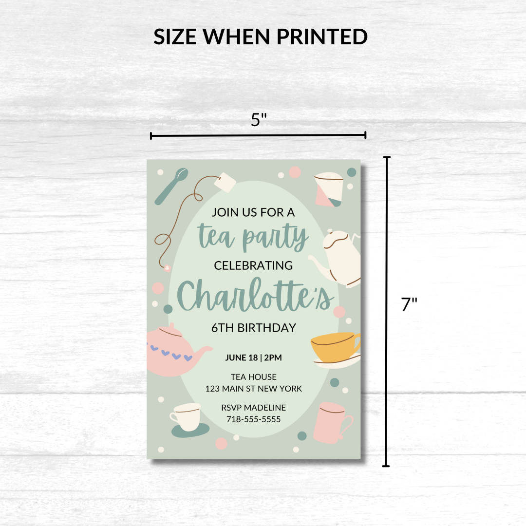 Tea Party Birthday Invitation Template – Editable in Canva | Instant Download