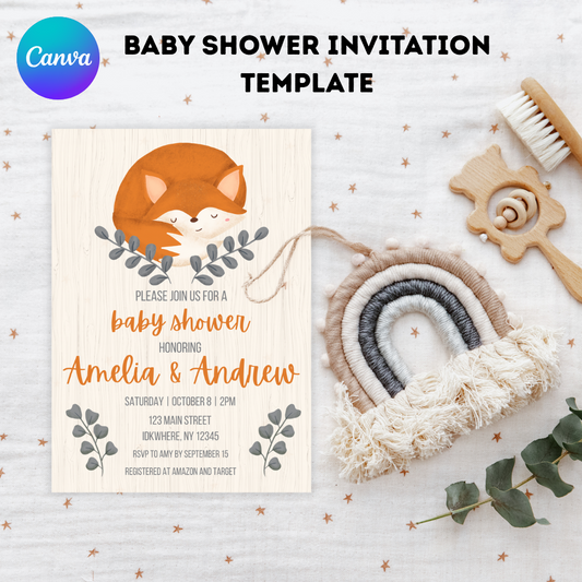 Fox-Themed Baby Shower Invitation Template  – Editable in Canva | Instant Download