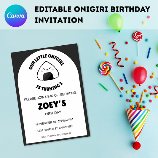Onigiri Birthday Invitation Template | Editable in Canva | Kawaii Rice Ball Party | Instant Download