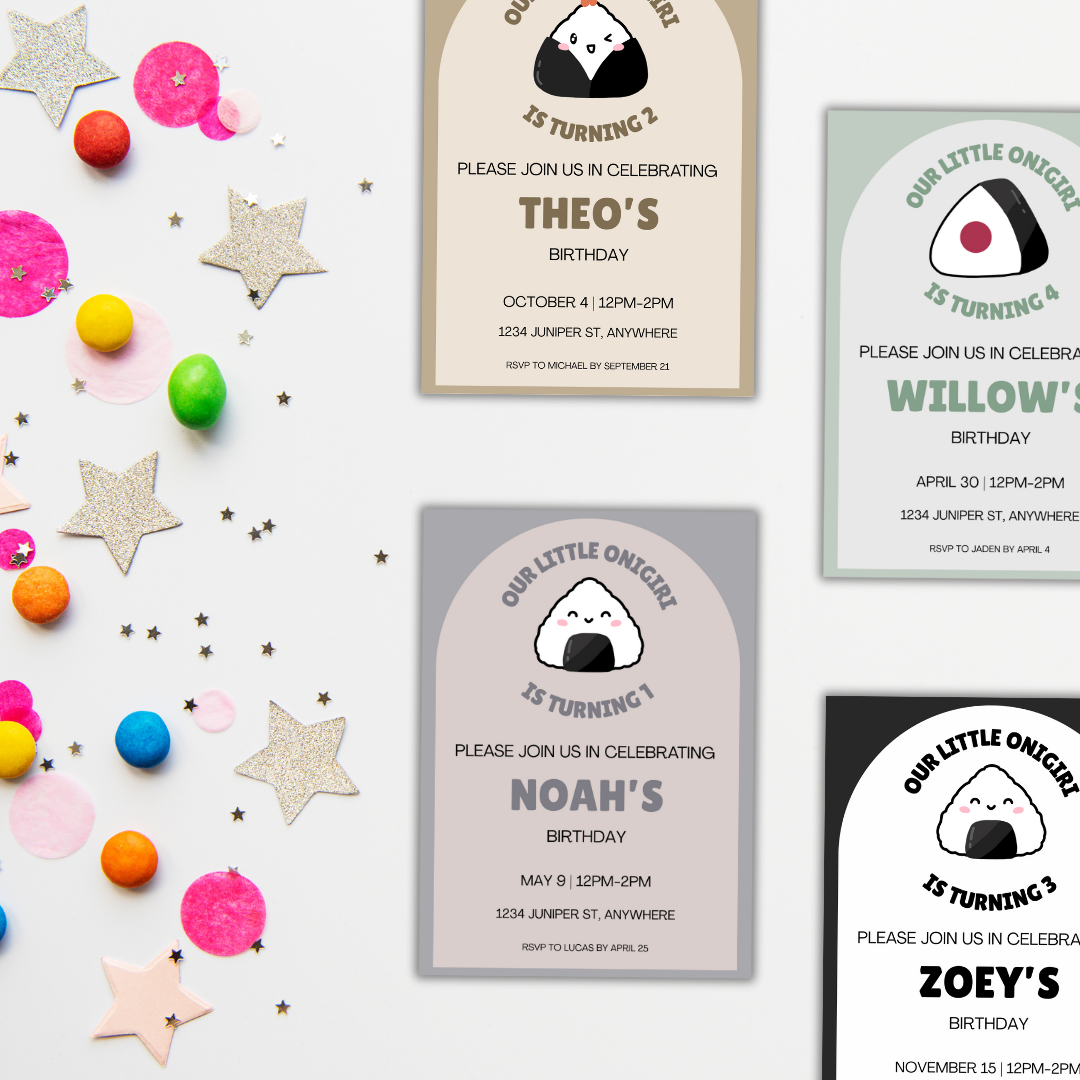 Onigiri Birthday Invitation Template | Editable in Canva | Kawaii Rice Ball Party | Instant Download