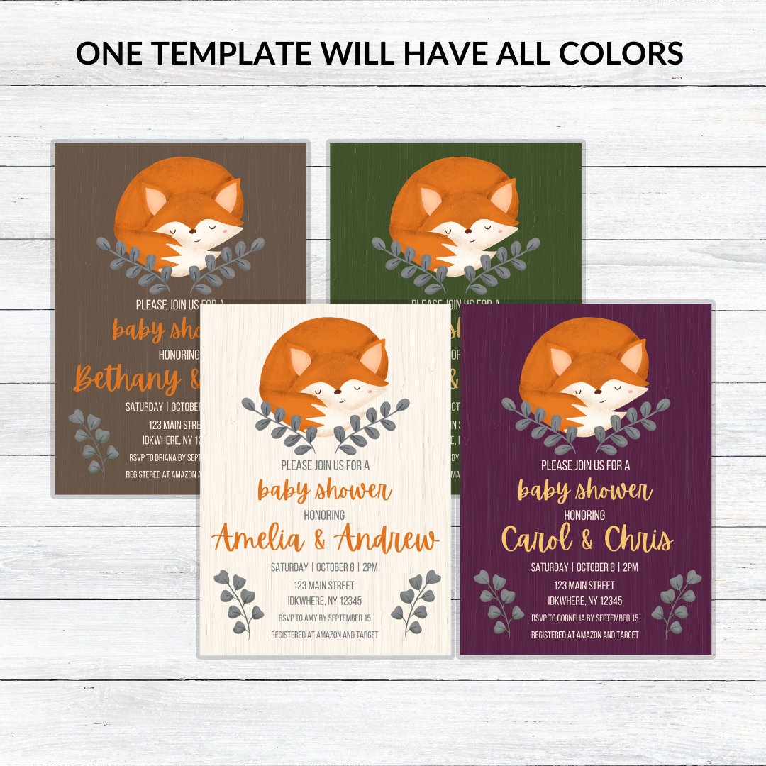 Fox-Themed Baby Shower Invitation Template  – Editable in Canva | Instant Download
