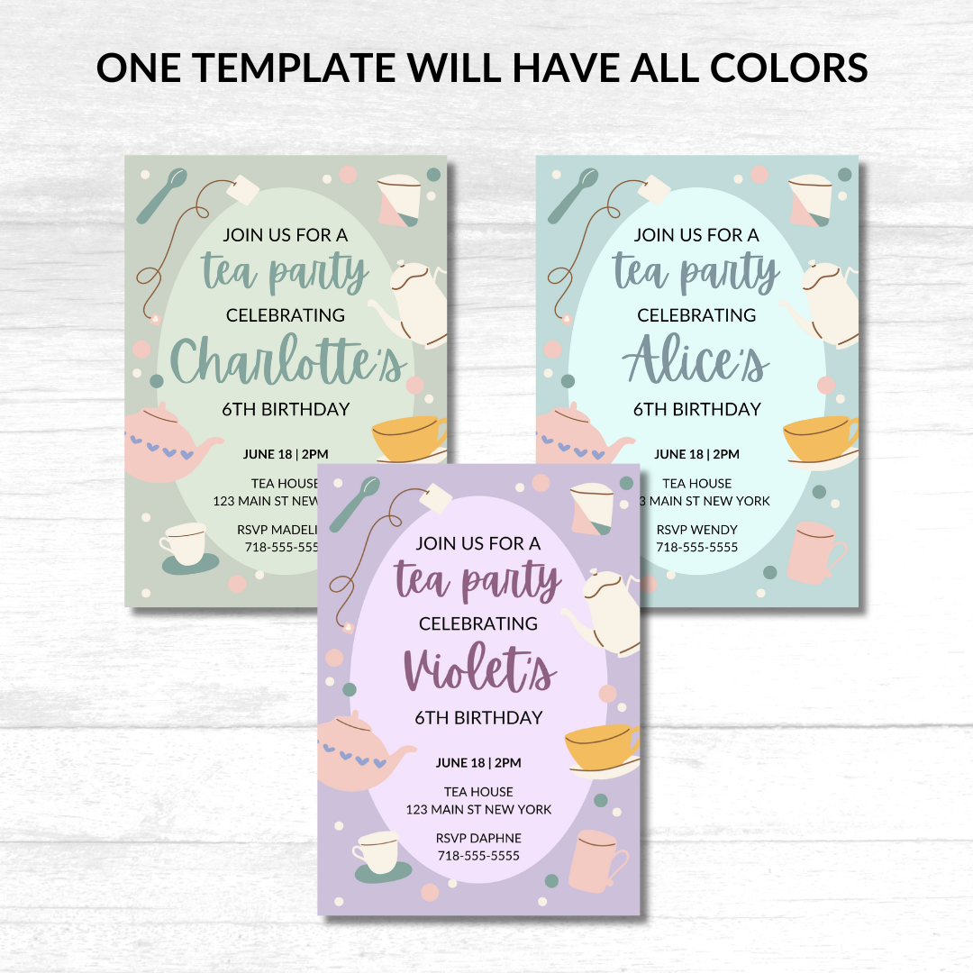 Tea Party Birthday Invitation Template – Editable in Canva | Instant Download