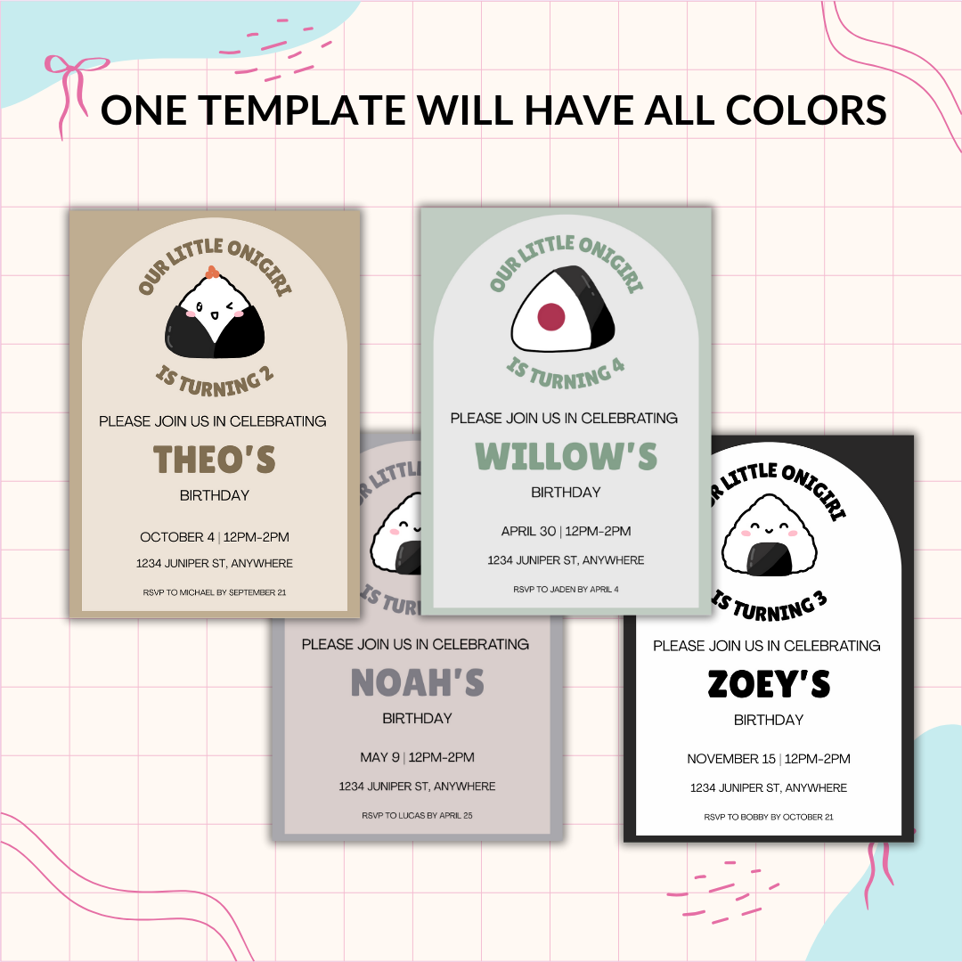 Onigiri Birthday Invitation Template | Editable in Canva | Kawaii Rice Ball Party | Instant Download