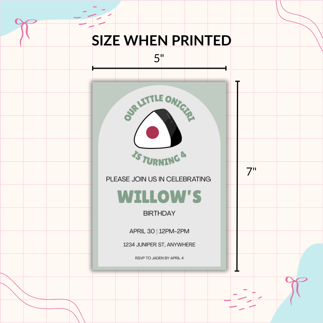 Onigiri Birthday Invitation Template | Editable in Canva | Kawaii Rice Ball Party | Instant Download