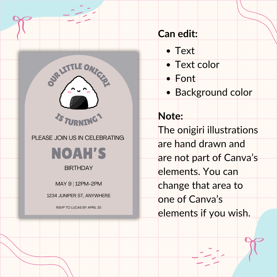 Onigiri Birthday Invitation Template | Editable in Canva | Kawaii Rice Ball Party | Instant Download