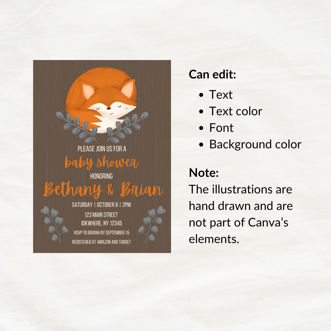 Fox-Themed Baby Shower Invitation Template  – Editable in Canva | Instant Download