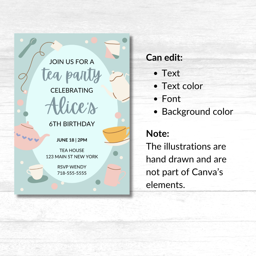 Tea Party Birthday Invitation Template – Editable in Canva | Instant Download