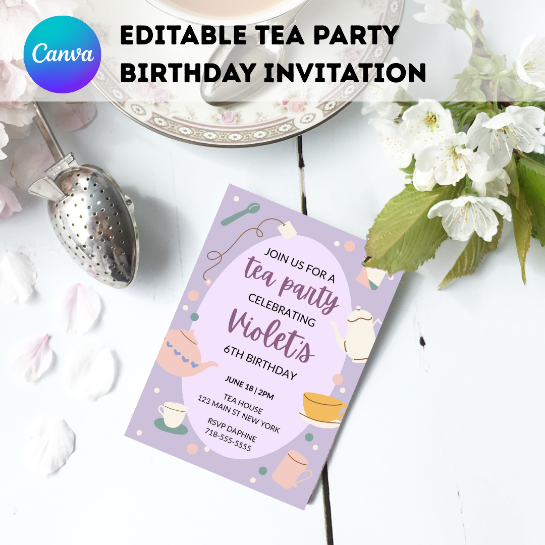 Tea Party Birthday Invitation Template – Editable in Canva | Instant Download